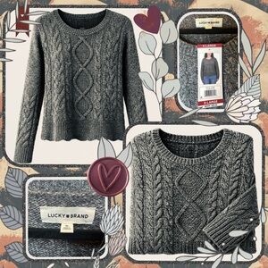 Lucky Brand Cable Knit Sweater XL NWT | Gray Marled Scalloped Hem Pullover